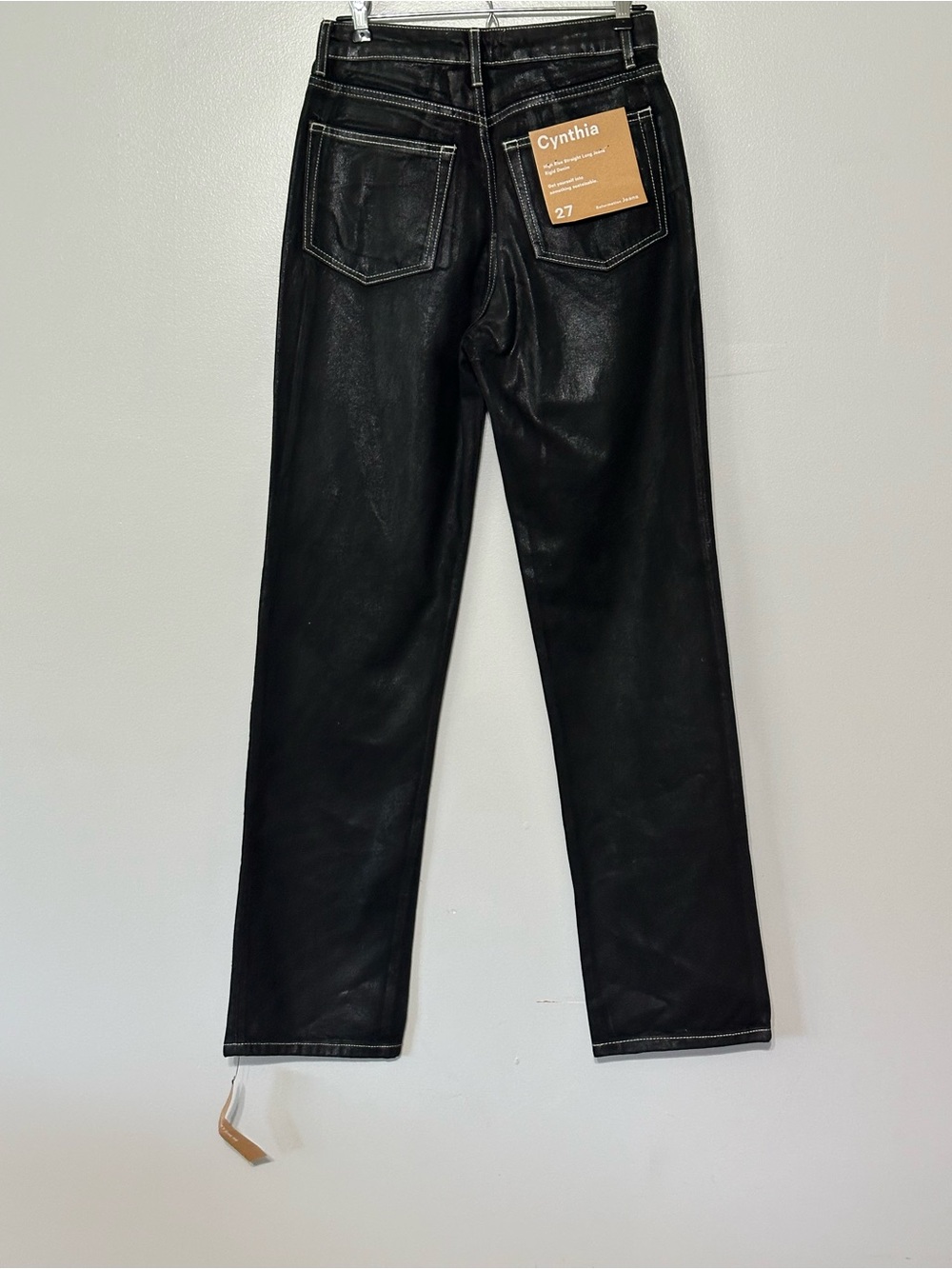 New Reformation Cynthia High‎ Rise Straight Long Jeans in Glossy Black Size 27 - Picture 7 of 8
